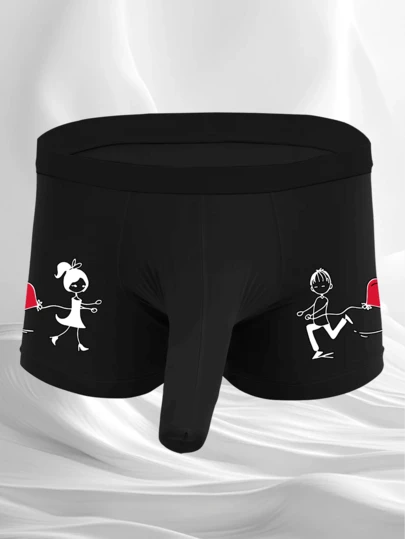 Men's Black Cartoon Character Heart Print Elephant Trunk Pouch Breathable Stretchy Everyday Briefs