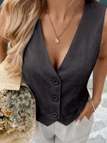 MICHELEE Elegant Women's Vest With V-Neck And Button Closure - Black - View 1