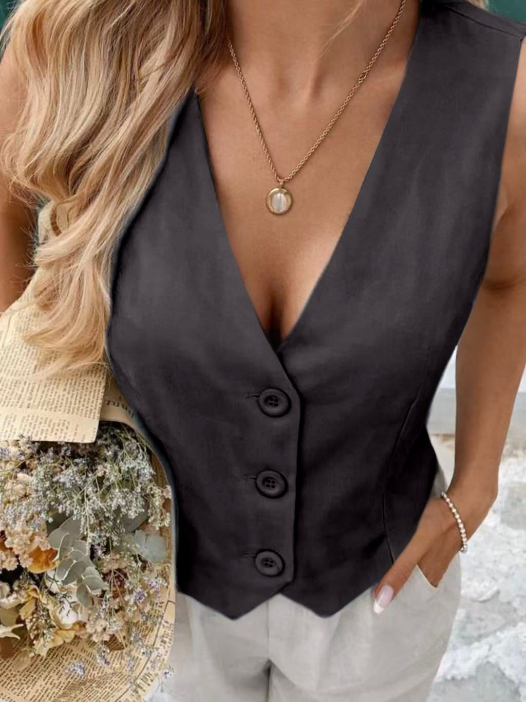 MICHELEE Elegant Women's Vest With V-Neck And Button Closure - Black - View 1