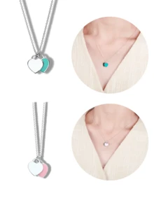 Collar de doble corazón de plata esterlina S925, rosa y azul, diseño clásico y sencillo, collar de joyería para mujer, regalo navideño. - rosa - Ver 1