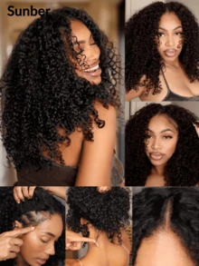 Sunber EasiContour V Part Curly Human Hair Wigs With Drawstring V Shape Wigs Jerry Curly Glueless Wig 150% Density Upgrade No Leave Out Vpart No Gel Beginner Friendly Clip In Vpart Curly Wigs Glueless Jerry Curly Wig - SNatural - 查看 2