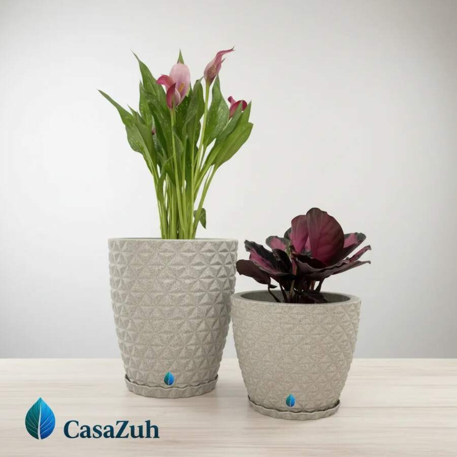 Kit 2 Plant Pots Flowers Vase And Column Premium Diamond PP Internal And External Textured - 淺灰色 - 查看 1