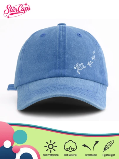 1 Pc Unisex Vintage Washed Baseball Cap - Swimming Sea Turtle Family Graphic Print - Available In Earthy Tones (Black, Navy, Khaki, Dark Green, Coffee) & Pop Colors (Burgundy, Dusty Pink, Orange) - Soft "Jean-Look" Dad Hat For Summer Beach & Perfect Bestie Family Gift