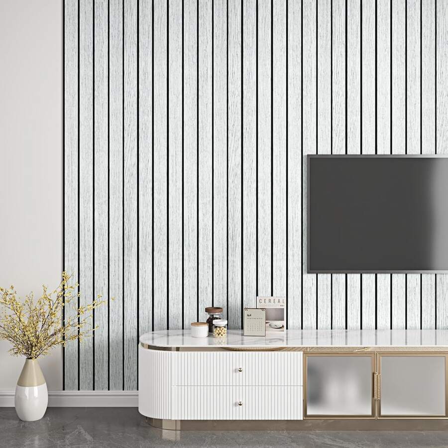 1卷自粘墙纸，木纹网格图案，防水防潮，自粘家居装饰墙贴，适用于客厅、走廊、卧室、办公室 | 撕贴式装饰PVC墙纸卷，竖条纹墙贴，适用于装饰客厅、天花板、办公室和卧室 - 多色 - 查看 1