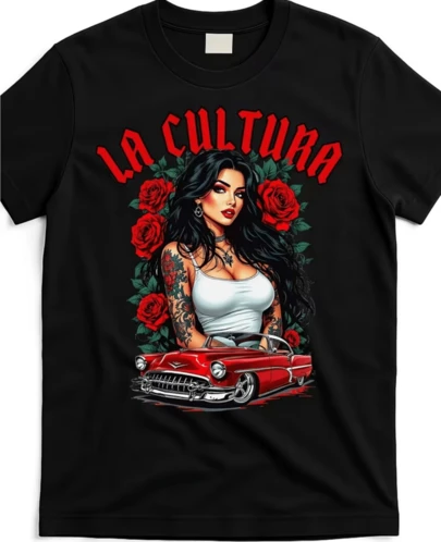 Chola-Pin-Up-Chicano-Mexican-Latina-Car-Show-Cinco-De-Mayo-T-Shirt Same Style For Men And Women 2025 Summer Short-Sleeved Printed T-Shirt Pure Cotton 220G, Vintage Style, Crew Neck, Regular F