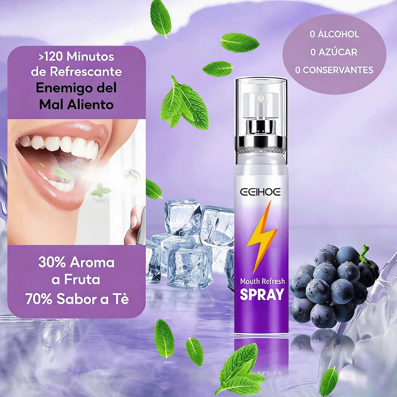 Spray Bucal Frescor | Elimina Olores Bucales Extracción de Plantas Naturales Portátil - Uvas - Ver 1