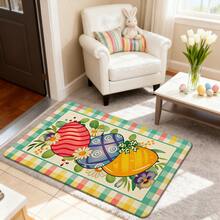 1/2/3 piezas Alfombra de cocina, felpudo o tapete de puerta de Pascua con huevos de colores vibrantes, flores de margarita y verdor de primavera sobre un fondo a cuadros. Perfecto para la decoración de Pascua, el hogar de primavera, la cocina, el jardín, la fiesta, el restaurante. Regalo para la familia. Decoración del ambiente de Pascua. - Multicolor - Ver 12