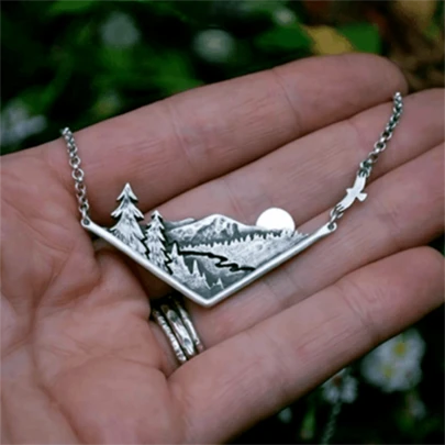 1pc Bohemian Vintage Semicircle Mountain Sunrise Tree Landscape Necklace, Fashion Jewelry Accessory For Women, Wedding Party