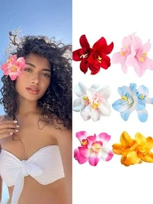 Set de 6 pinzas para el cabello con flores grandes, adecuadas para mujeres, estilo tropical hawaiano con flores artificiales de gerbera margarita de colores, adecuadas para vacaciones de verano en la playa, fiesta luau, boda, día de San Valentín bohemio, accesorios para el cabello (rojo, amarillo, rosa, azul) - Multicolor - Ver 7