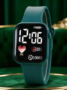 10pcs Set Of Casual Fashion Green Square Heart Pattern Electronic Watches, Gold Chain Embedded Bracelet Necklace Ring, Non-Rechargeable Battery, Luminous Heart Pattern, Versatile For Daily, Party, Holiday, Back To School. Birthday Gift, Valentine's Day Elegant Set, No Packaging Box - Green - View 4