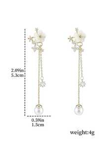 2pcs Stainless Steel Flower Tassel Pearl Zirconia Earrings, Elegant Seashell Flower Dangle Long Tassel Earrings, Lightweight Luxury Niche Elegant Earrings Suitable For Girls And Women - Gold - View 5