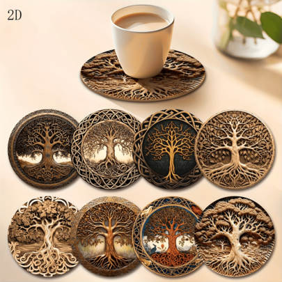 8pcs/Set Life Tree Wooden Coasters, Vintage Bohemian Style, Heat-Resistant, Anti-Slip, Colorful Design, Suitable For Beverages, Tea, Coffee, Home & Restaurant Decor, Ideal Holiday Party Gift, Home Tabletop Decor/Suitable For Easter, Valentine's Day, Wedding, Mother's Day Gifts For Family And Friends
