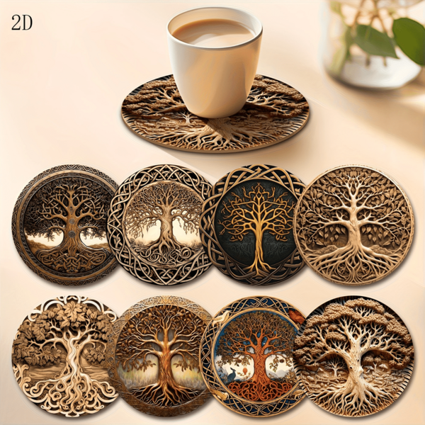 8pcs/Set Life Tree Wooden Coasters, Vintage Bohemian Style, Heat-Resistant, Anti-Slip, Colorful Design, Suitable For Beverages, Tea, Coffee, Home & Restaurant Decor, Ideal Holiday Party Gift, Home Tabletop Decor/Suitable For Easter, Valentine's Day, Wedding, Mother's Day Gifts For Family And Friends