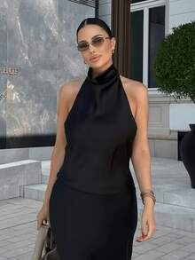 HZXVIC Áo kiểu nữ màu trơn mới, gợi cảm, hở lưng, cổ yếm, thích hợp cho hẹn hò, tiệc tùng, màu đen mùa hè. - màu đen - Xem 8