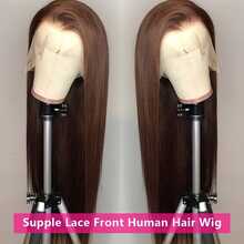26 Inch 200% Density 13x4 Brown Color Straight Lace Front Wig Human Blended Hair Pre Cut HD Lace Front Human Blended Hair With Fiber Wigs No Glue Straight Hair Glueless Human Blended Hair Wigs With Natural Hairline Wear And Go Glueless Wigs Bone Straight #4 Human Hair Pre Plucked Ear To Ear - Brown - View 6