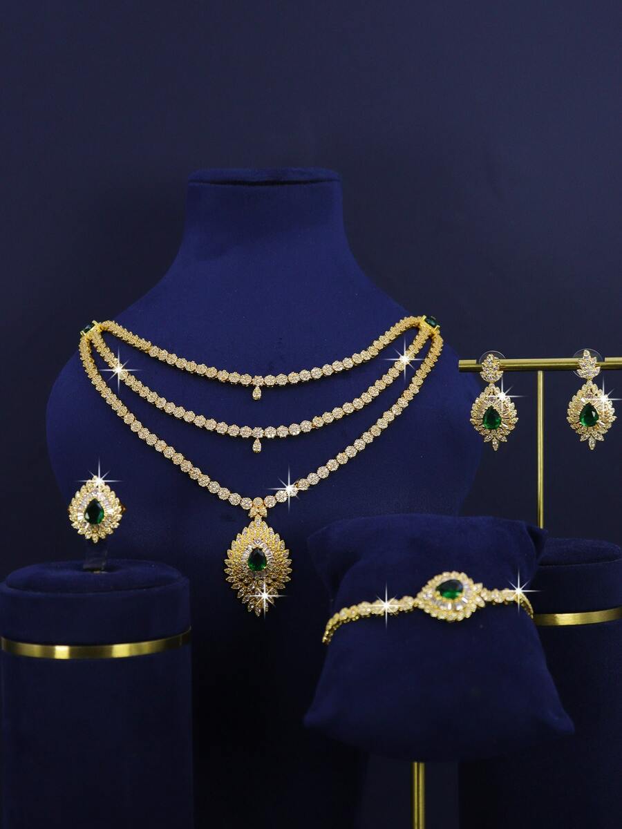 5件套18K镀金奢华皇家风格多层流苏设计新娘结婚首饰套装，手工镶嵌白色立方氧化锆，包括项链、手链、耳环、戒指，适合日常佩戴和婚礼，结婚周年纪念礼物（附赠礼盒） - 多層新娘套裝 - 查看 1