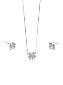 Halsband och örhängen i platinapläterat 925-silver med fyrklöver, justerbart halsband med mikroinfälld zirkonia, antioxiderande, vård av öronhål, present till alla hjärtans dag, födelsedag, levereras med presentask - Silver - Visa 14