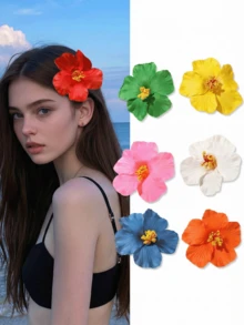 7件套夏威夷风情芙蓉花发夹，色彩缤纷的夏季发饰，适合女士和女孩，可用于海滩度假、婚礼、夏季派对和节日装饰 - 彩色 - 查看 2
