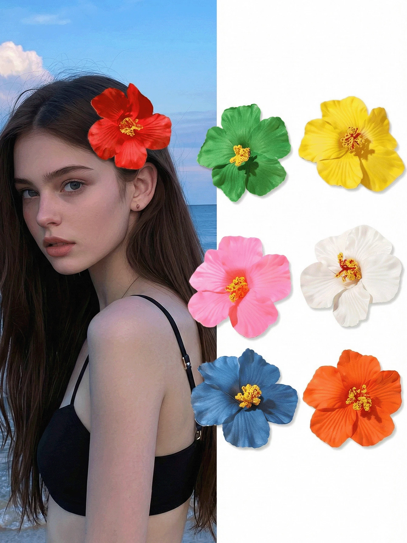 7件套夏威夷风情芙蓉花发夹，色彩缤纷的夏季发饰，适合女士和女孩，可用于海滩度假、婚礼、夏季派对和节日装饰