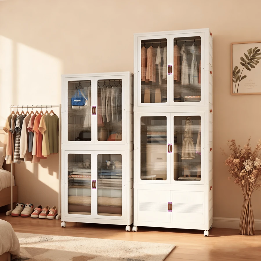 Foldable Stackable Plastic Clothes Cabinet With Wheels, Portable Closet Wardrobe For Bedroom Office Storage