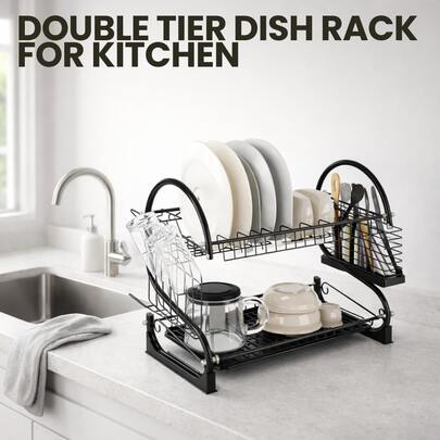 Scolapiatti a doppio strato per il piano di lavoro della cucina, scolapiatti a 2 livelli con portautensili, organizer salvaspazio per piatti, ciotole e posate