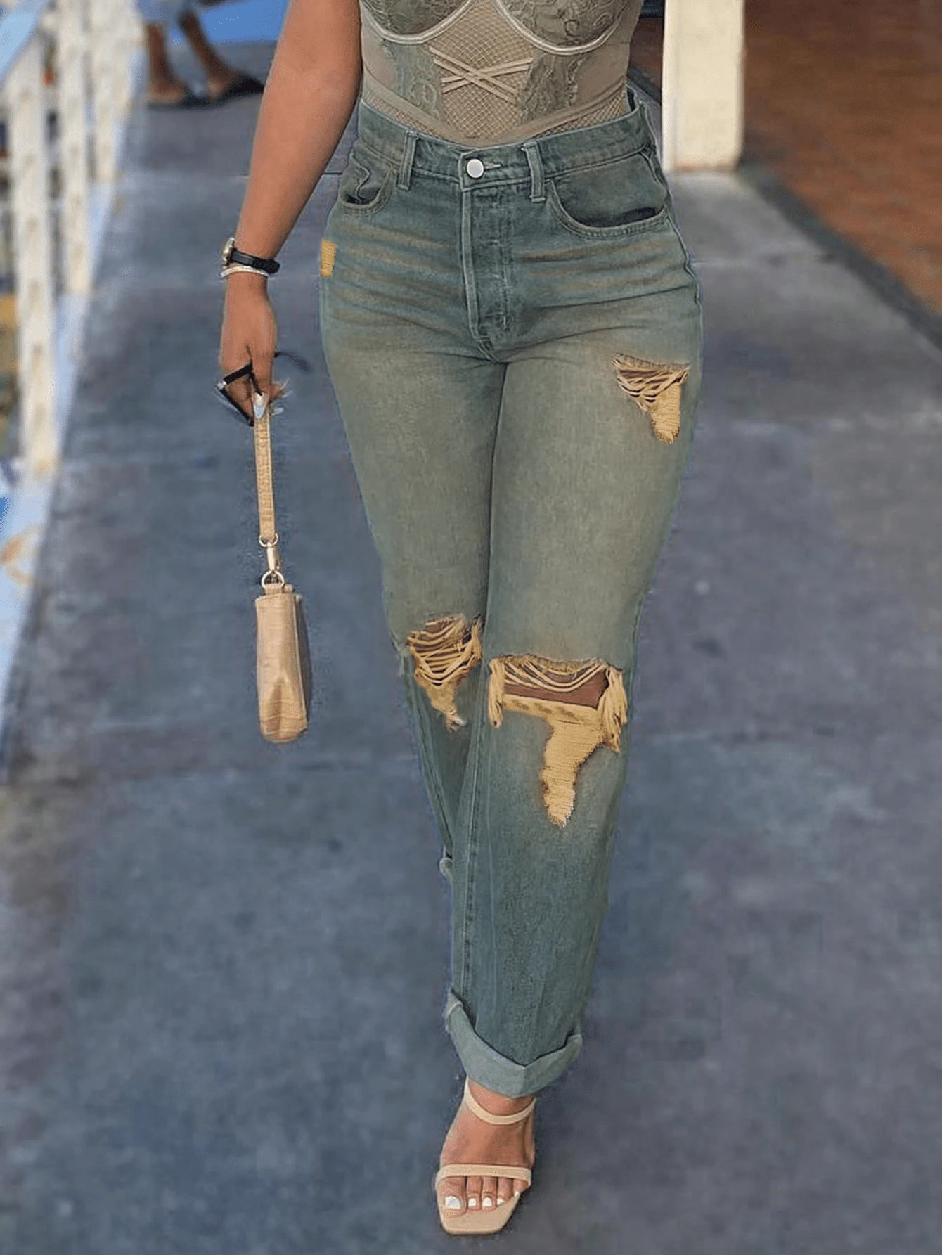 Women's Casual Loose Straight Leg Jeans, Paired With Distressed Decorations, Suitable For All Seasons, Suitable For Daily Outings, Shopping, Parties, Dates - Màu xanh cổ điển - Xem 1