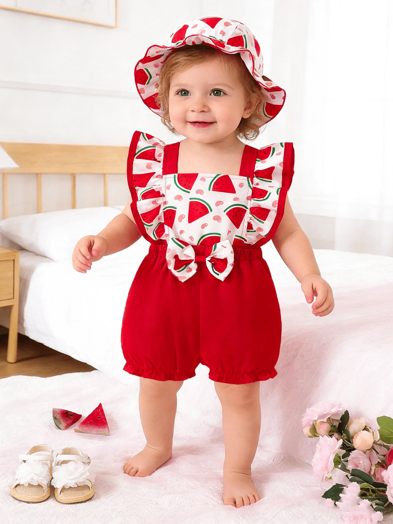 Baby Girls Valentine's Day Sunflower Bow Criss-Cross Strap Romper + Hat - Red - View 1