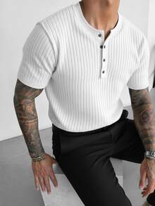 GRDR 1pc Men's New Henley Collar Striped Button Slim Fit Short Sleeve Sweater - White - View 3