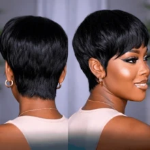 1pc Women's Pixie Short Wig, Human Hair, Fully Hand-Woven, With Bangs, Natural Layered, Suitable For Everyday Wear - 彩色 - 查看 5