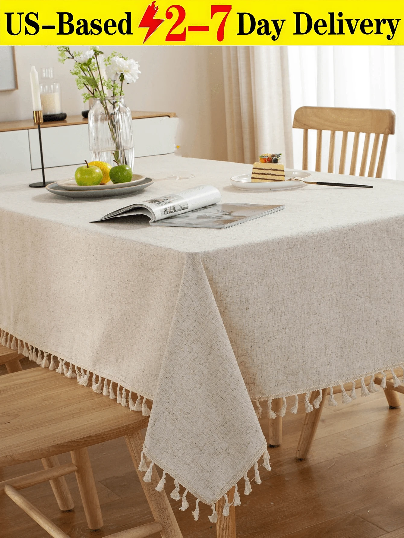 [Delivery Within 2-7 Days In The United States]1-Piece Set, Linen Blend Tablecloth, Fringe Stitching, Rectangular Decorative Natural Tablecloth, Suitable For Kitchen Dining Rooms, Wedding Buffets, Etc., 140*180 Cm - Ivory White. Rectangular Table-Specific Tablecloth, Cotton-Linen Blend, Water-Resistant And Wrinkle-Resistant, Table Cover, Tassel Trim, Soft Fabric. Kitchen Dining Table-Specific Linen Tablecloth, Designed For Rectangular Tables. Linen Blend Fabric, Durable And Fade-Resistant, Oil-Proof, Dust-Proof, And Splash-Resistant. Easy To Clean With A Simple Wipe. Suitable For Buffets, Dining Tables, Coffee Tables, Parties, Birthday Gatherings, Cafes, Banquets, Picnics, Autumn, Harvest Festivals, Farmhouse Style, Thanksgiving, Christmas Decorations, And Other Indoor/Outdoor Settings. Also An Ideal Everyday Decorative Choice. - 彩色 - 查看 1