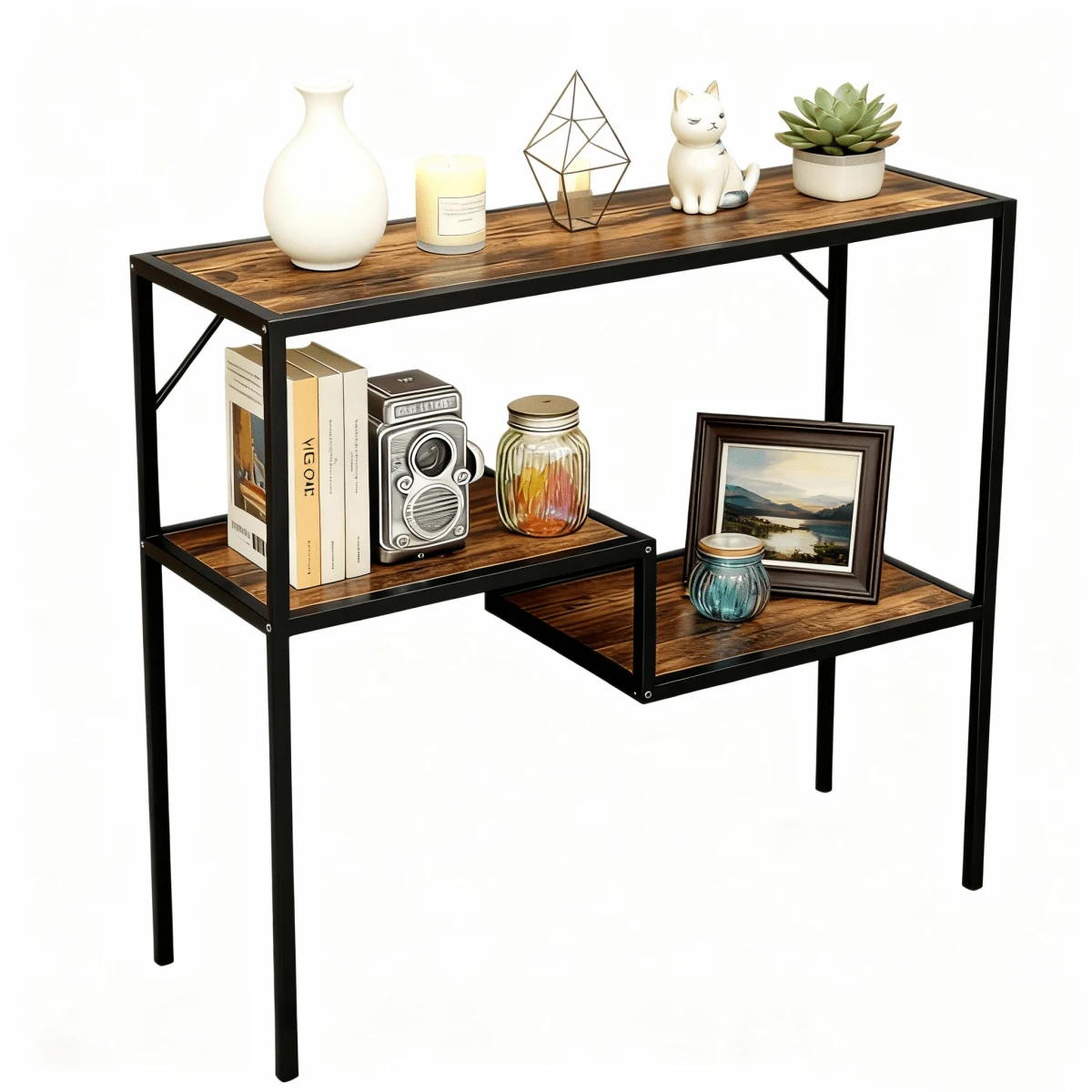 Consola de Entrada Moderna con Estructura de Metal Dorado y Superficie de Madera de Imitación, Diseño Elegante para Sala o Oficina Estanterías Creative Estante Organizador Mesa Auxiliar 80cm - Granate - Ver 1