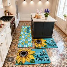 1/2/3pcs Easter Kitchen Rug Kitchen Mat Door Mat Featuring Vibrant Sunflower And Bee Happy Design On Turquoise Background Perfect For Spring Home Decor In Kitchen Bathroom Garden Or Party Celebrations As A Festive Gift With Cheerful Atmosphere Home Decoration Easter Mood Decoration - Multicolor - View 4
