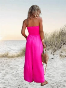 Imily Bela Womens Strapless Rompers 2026 Ruched Tube Top Wide Leg One Piece Jumpsuits Beach Vacation Summer Outfits - 玫紅色 - 查看 2