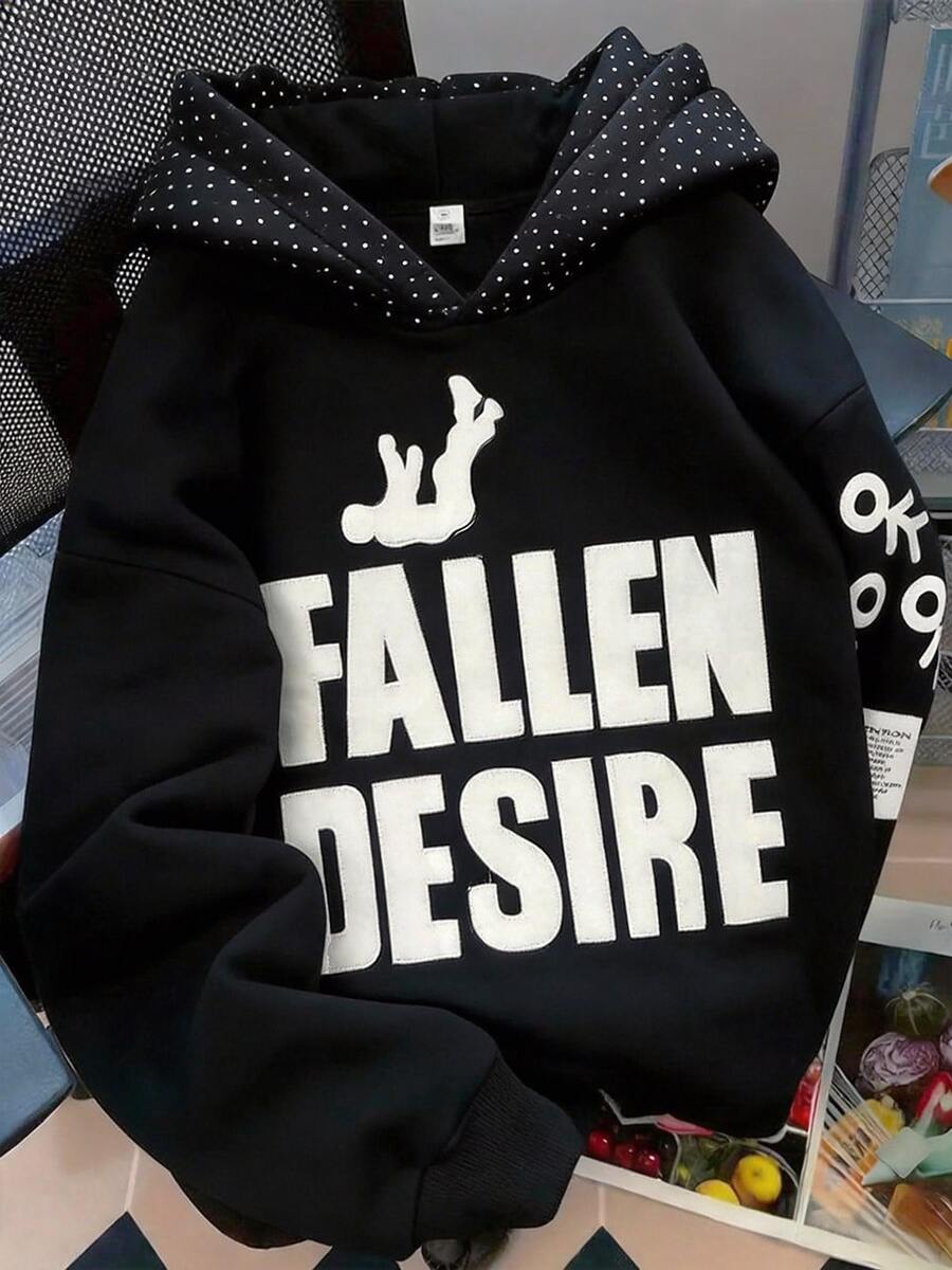 FALLEN DESIRE Graphic Hoodie Men Women Casual Embroidered Letter Sweatshirt Autumn And Winter Couple's Top Y2k Hoodie Tracksuit Pullover Sweatshirt - 黑色 - 查看 1