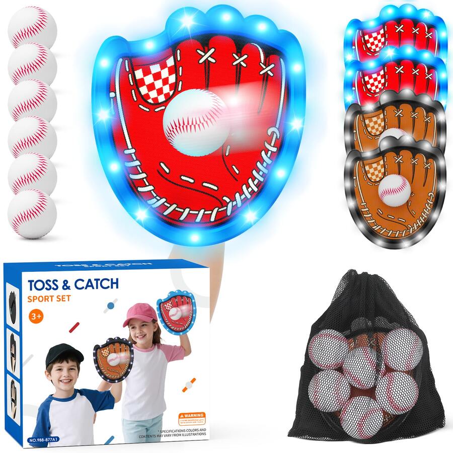 HYES Toss And Catch Ball Game Set, Outdoor Pool Beach Yard Camping Games For Family, Toddler Baseball Birthday Gifts For Boys Girls Ages 3-12 (4 Light Up Paddles & 6 Balls)