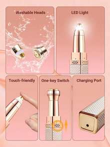 Nuevo afeitadora eléctrica de oro rosa para mujeres, recargable por USB, diseño de doble cuchilla para mejillas, labios, barbilla, línea del bikini y axilas, recortadora portátil, regalo perfecto para vacaciones, afeitadora de diamantes, totalmente automática - Multicolor - Ver 8