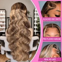 34 Inch Lace Front Wigs Human Blended Hair 13x4 HD Transparent Body Wave Lace Front Wigs Human Blended Hair Pre Plucked 5x5 Put On And Go Glueless Highlight Human Blended Hair Wigs For Women - S4/27 - View 6