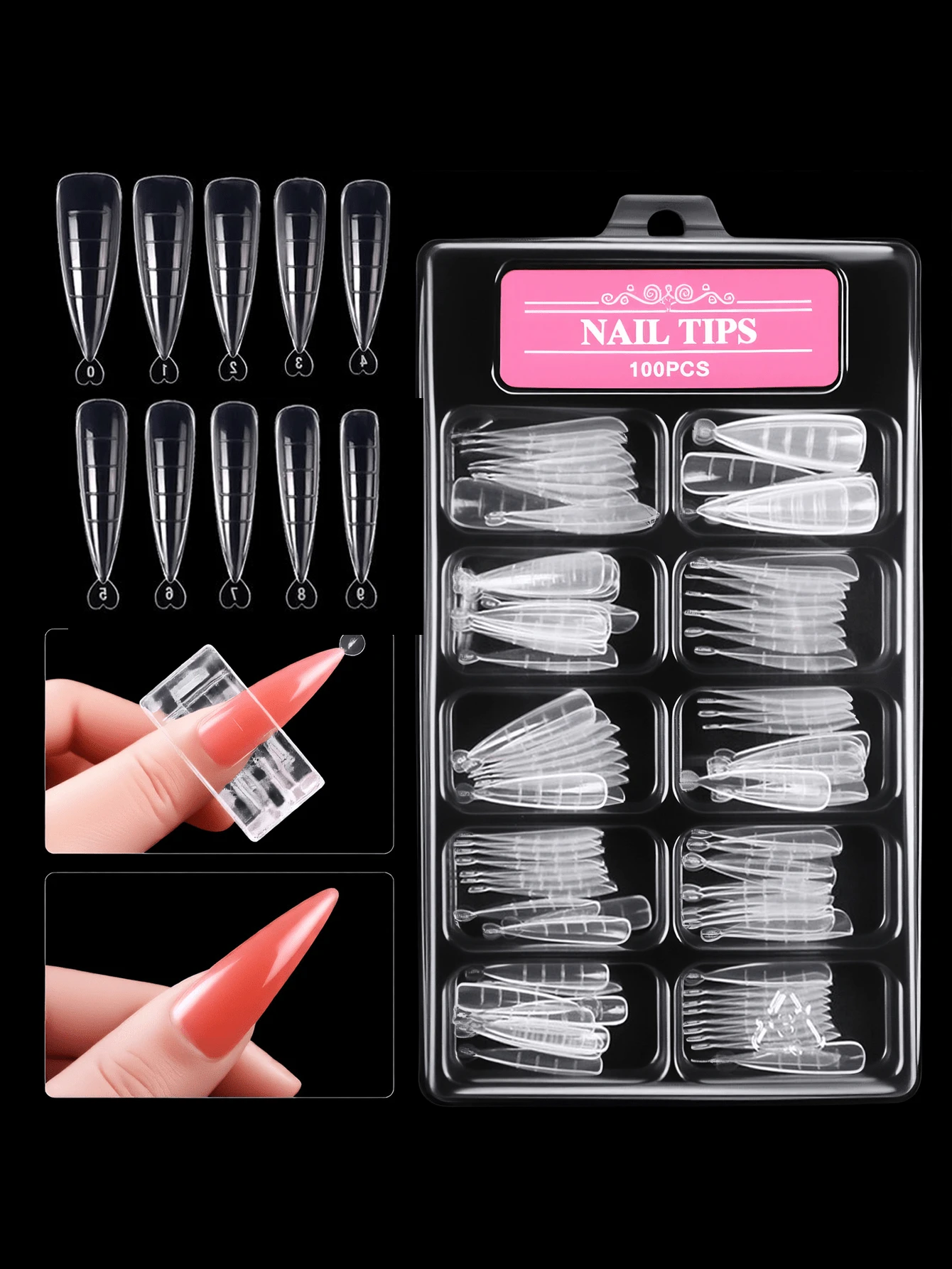 100Pcs/Box Paper-Free Scale-Marked Nail Tips Quick UV Gel Acrylic Heart-Shaped Extension Molds Perfect Fit Nail Surface Salon Home DIY Manicure Tools - Clear - View 1