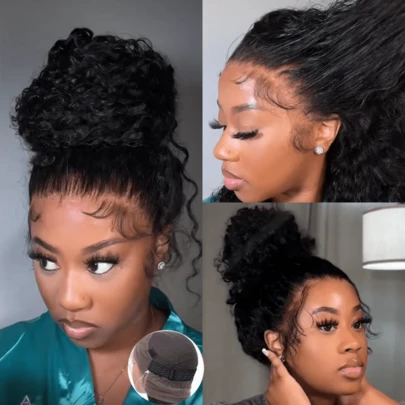 ZHENDEFA 360 Degree Deep Wave Front Lace Invisible Headband Wig, 360 Degree Full Top Net Layer Human Hair Wig, Pre-Trimmed, With Drawstring, 200% Density Deep Curly Human Hair Wig, Suitable For Women
