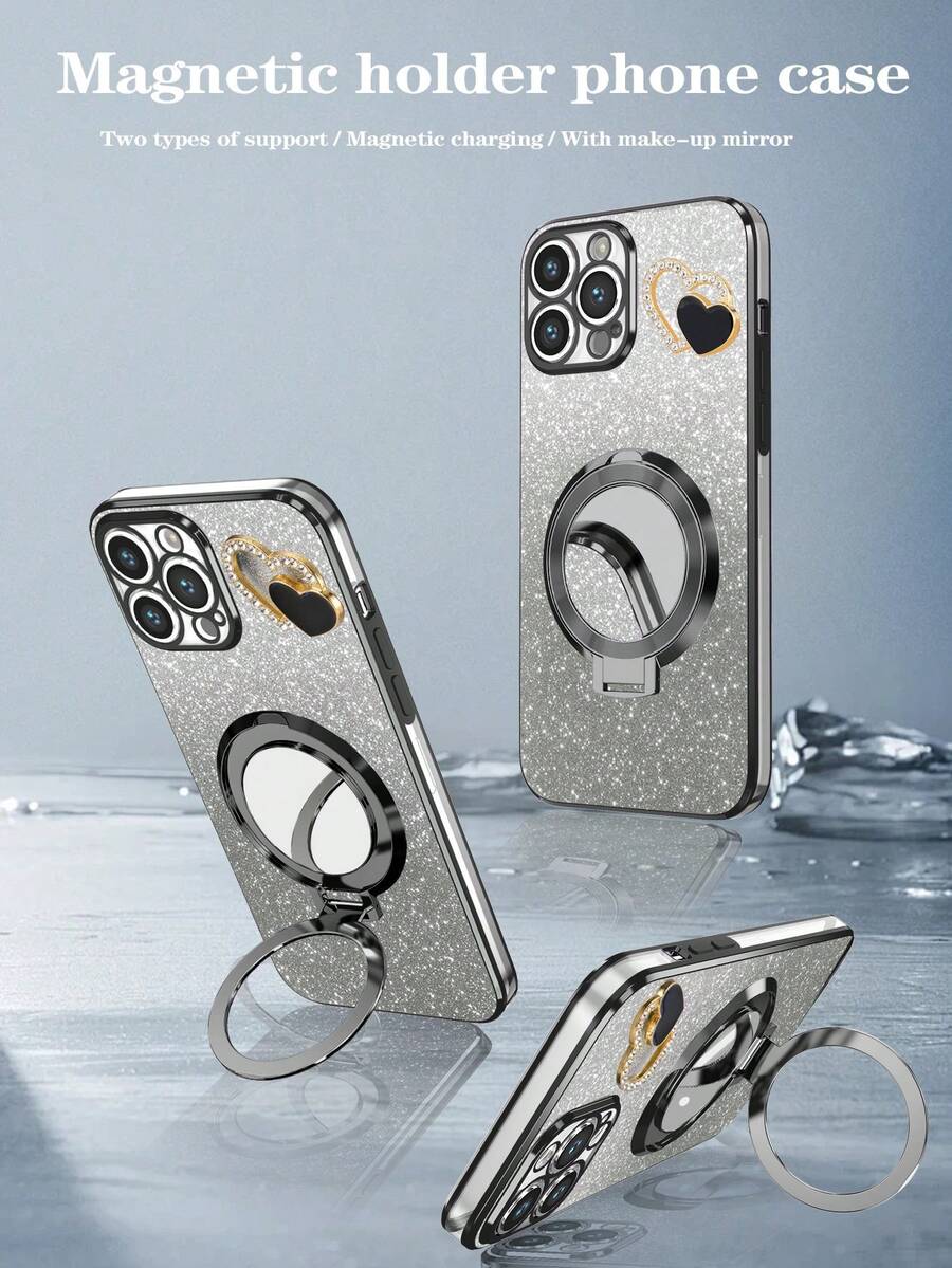 1 Mirror + Phone Case, New Electroplating Craft Anti-Drop Phone Case, Suitable Compatible With Apple 11/12/13/14/15 Pro Max, Galaxy S22/23/24+, OPPO, VIVO, Redmi 13c+, Full Set Of Phone Cases - Black - View 1