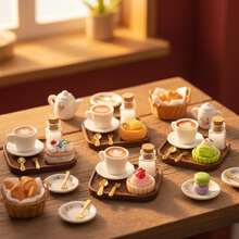 7pcs/Pack Dollhouse Miniature Creative Tray Set, Realistic Coffee & Cake Tray Models, DIY Accessories - Multicolor - View 2