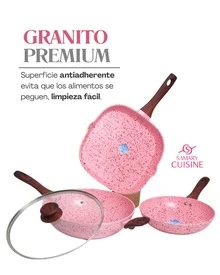 samary cuisine Batería de Cocina de Cerámica Manhattan - ALFA 17 pz  Antiadherente Premium | Cocina Saludable | Incluye Tapa de Cristal Irrompible Gratis | Agarraderas de Silicona | Apta para Estufas de Gas, Eléctrica e Inducción | Alta Calidad y Durabilidad - Rosa - Ver 6