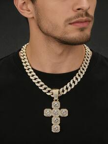 1件闪亮十字架吊坠链项链，男士嘻哈街头服饰配饰，音乐节装扮 - 十字架嘻哈項鍊 - 查看 3