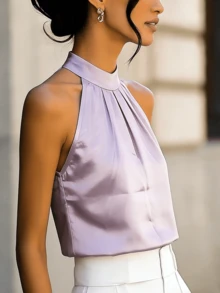 Top Regata com Design de Colarinho Plissado Pendurado no Pescoço, Cor Sólida - Malva - Visão 2