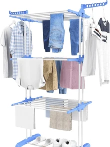 Lothes Airer Clothes Drying Rack Extra Large 4 Tier Clothes Horse Drying Rail Stainless Steel Garment Laundry Clothes Dryer Racks Blue - Blue - View 2