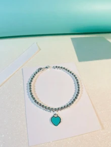 Pulsera de cuentas de plata esterlina S925 con etiqueta de corazón, rosa y azul clásico, diseño sencillo, pulsera de joyería de moda para mujer, regalo navideño - azul - Ver 3
