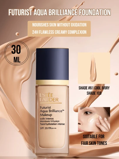 Estée Lauder Futurist Aqua Brilliance Makeup Foundation, med intensiv fuktinfusion #1C0 #61 Cool Porcelain 30/15/5/1ml, Vårdar huden utan oxidation, Djupt återfuktande, Långvarigt fuktlås Förebygger fjällning, Ingen stramhet, Gör huden ljusare utan att bli matt, Lämplig för torr hud, Slät vidhäftning, Icke-flagnande, SPF 20/PA+++ Solskydd, För torr hud Studenter Kontorsarbetare, Dagliga pendlingsdejter Sammankomster, Perfekt present till vänner/flickvänner, Oumbärlig produkt för daglig sminkanvändning