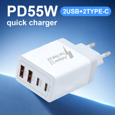 Carregador Super Rápido de 55W com 4 Portas - 2 Portas USB-A + 2 Portas USB-C, Cabos opcionais de 1 metro USB-C para USB-C / USB-C para Lightning / USB-A para USB-C / USB-A para Lightning para Carregamento Rápido. Diversas combinações de cabos disponíveis, totalmente compatível com as séries 17/16/15/14/13/12 e Galaxy S25/S24/S23/S22. Ideal para casa, escritório, viagens e um presente perfeito para o Halloween, Dia de Ação de Graças e Natal. Adequado para carregamento de várias pessoas, carregamento de vários dispositivos, necessidades de carregamento doméstico e mesas de escritório. Carregador de celular multiportas de alta potência.