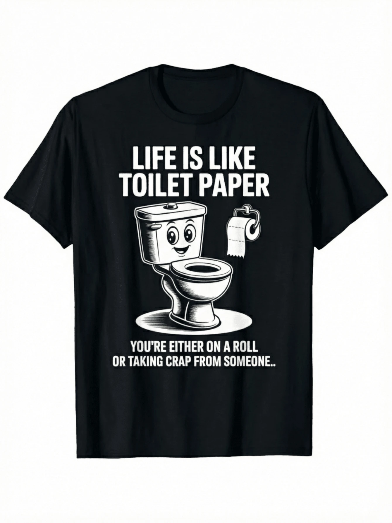 Funny Life Toilet Paper Humorous Sarcasm T-Shirt - Loose Fit, Short Sleeve, Round Neck, Geometric And Letter Printing, Slightly Stretchy Fabric, Suitable For Men And Adults, Comfortable All Year Round, Plus Size - 黑色 - 查看 1