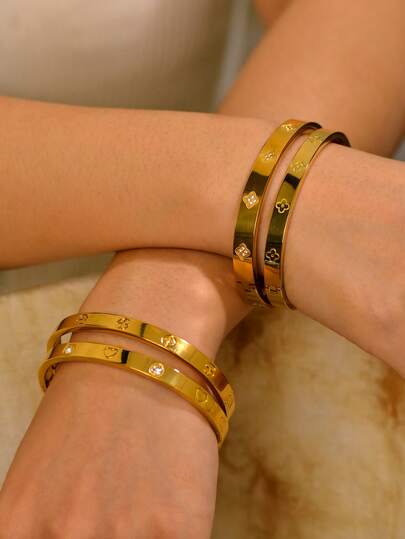 TONSI 1 pieza Brazalete de acero inoxidable chapado en oro de 18K, con circonita cúbica incrustada, joyería para mujer